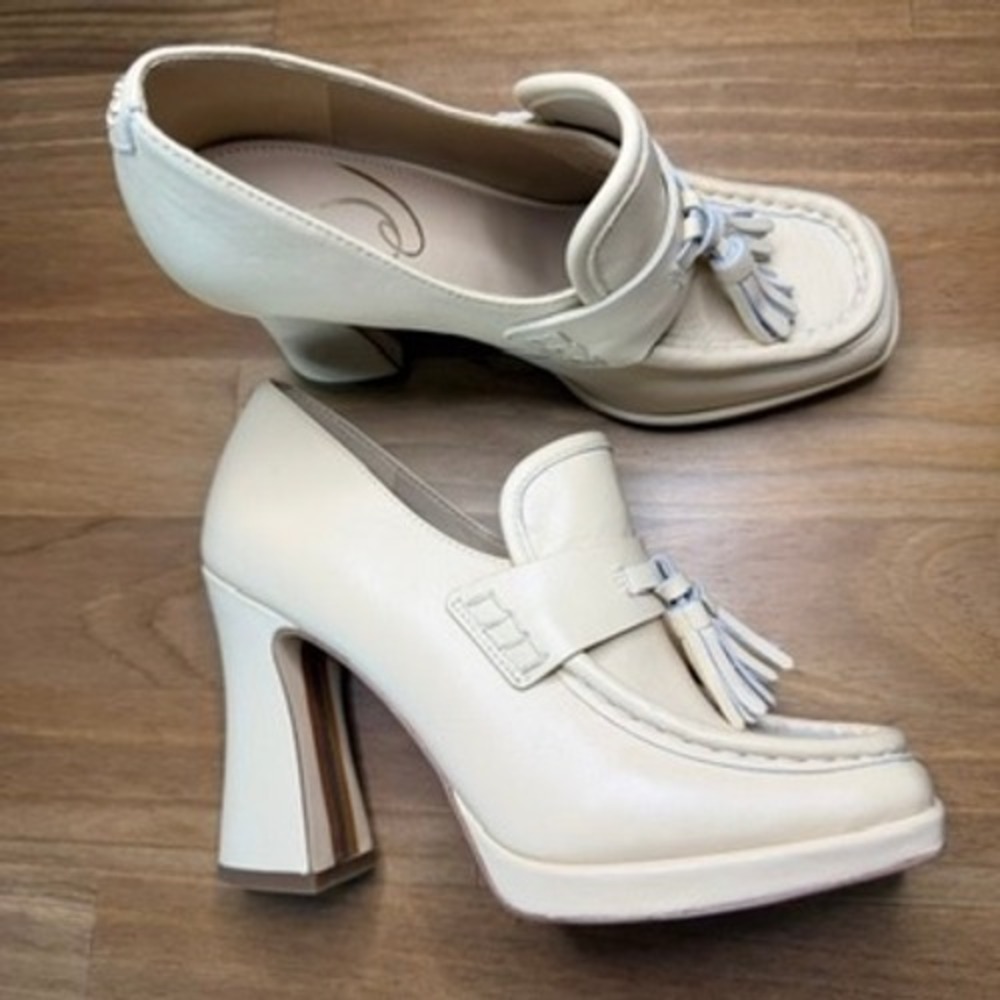Sam Edelman Ivory Leather Platform Tassel Loafer Heels Size 6.5 - Picture 4 of 14